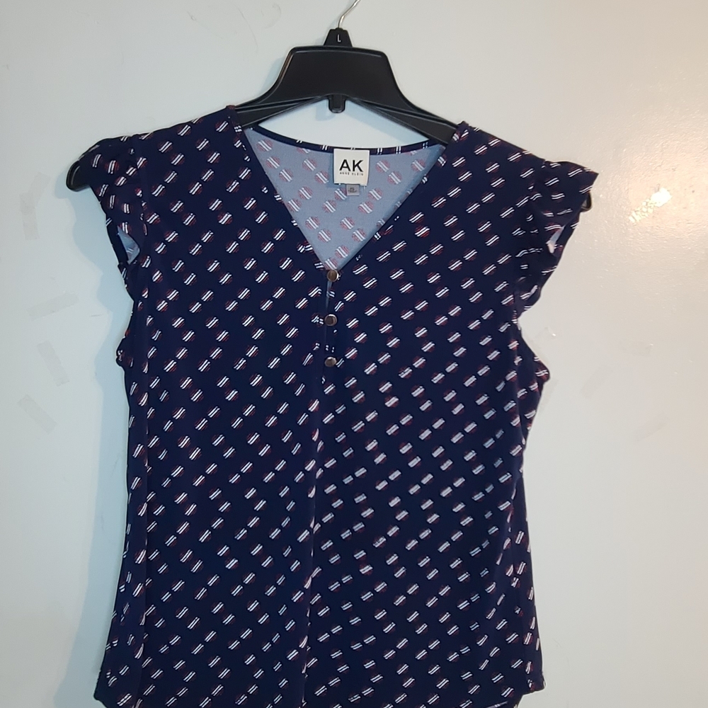 Anne Klein Navy Blue Blouse with Red and White Pattern